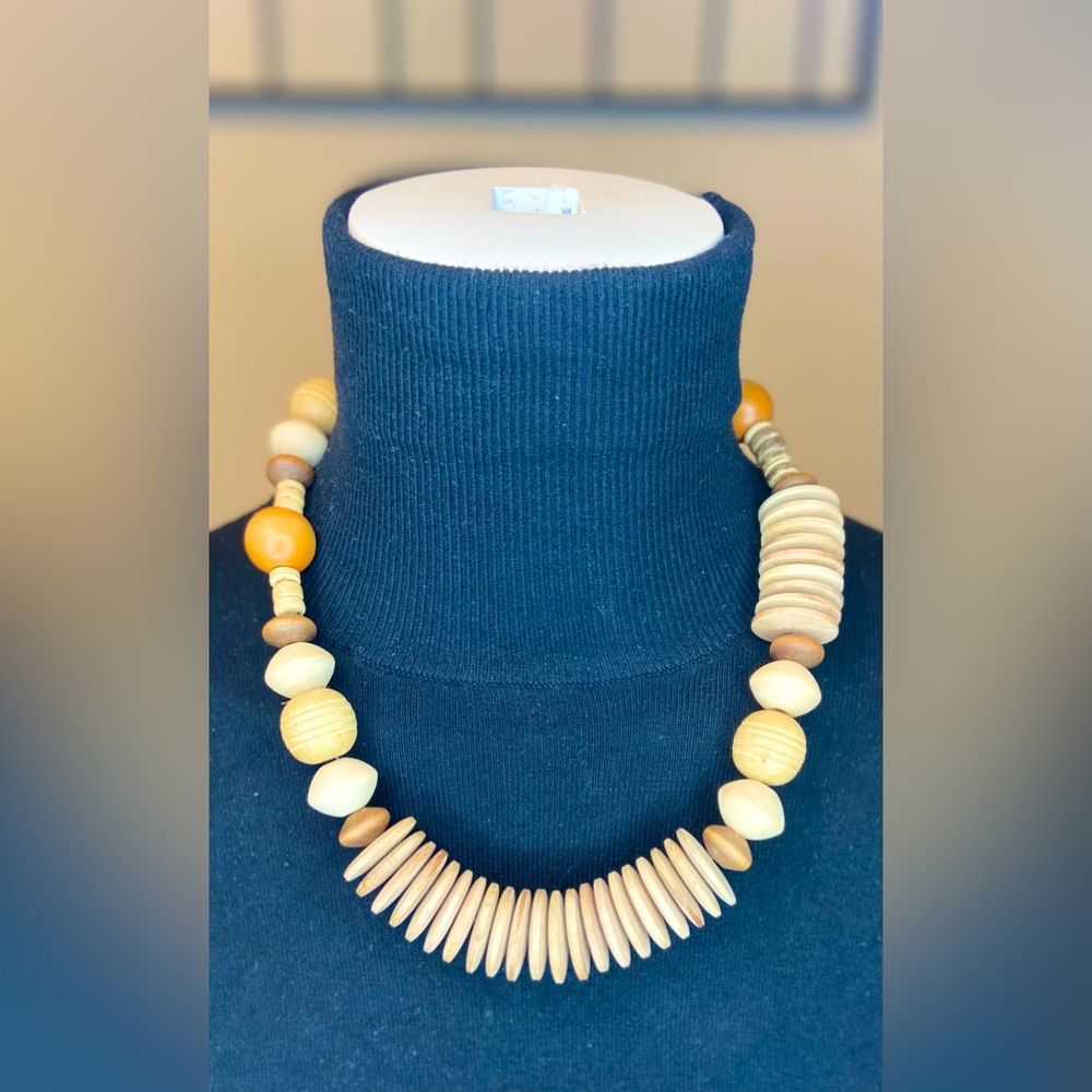 Zara Natural Wood Beaded Necklace with Mustard Accents